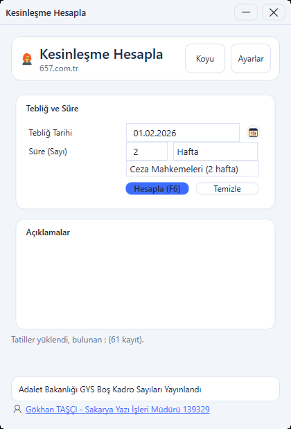 Kesinleşme Hesaplama Uygulaması Güncellendi.