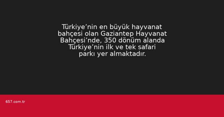 Türkiye’nin en büyük hayvanat bahçesi olan Gaziantep Hayvanat Bahçesi’nde, 350 dönüm alanda Türkiye’nin ilk ve tek safari parkı yer almaktadır.
